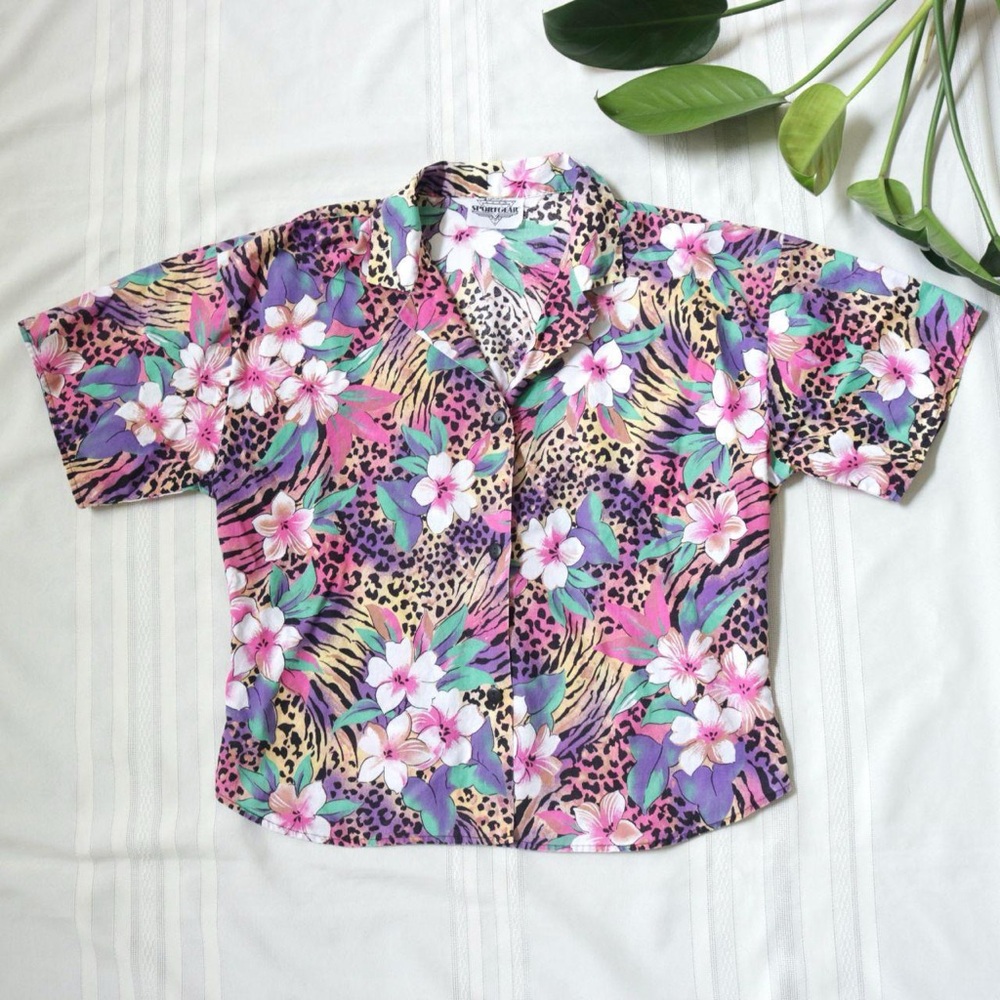 Tropical wild cat patterned button down shirt - image 1